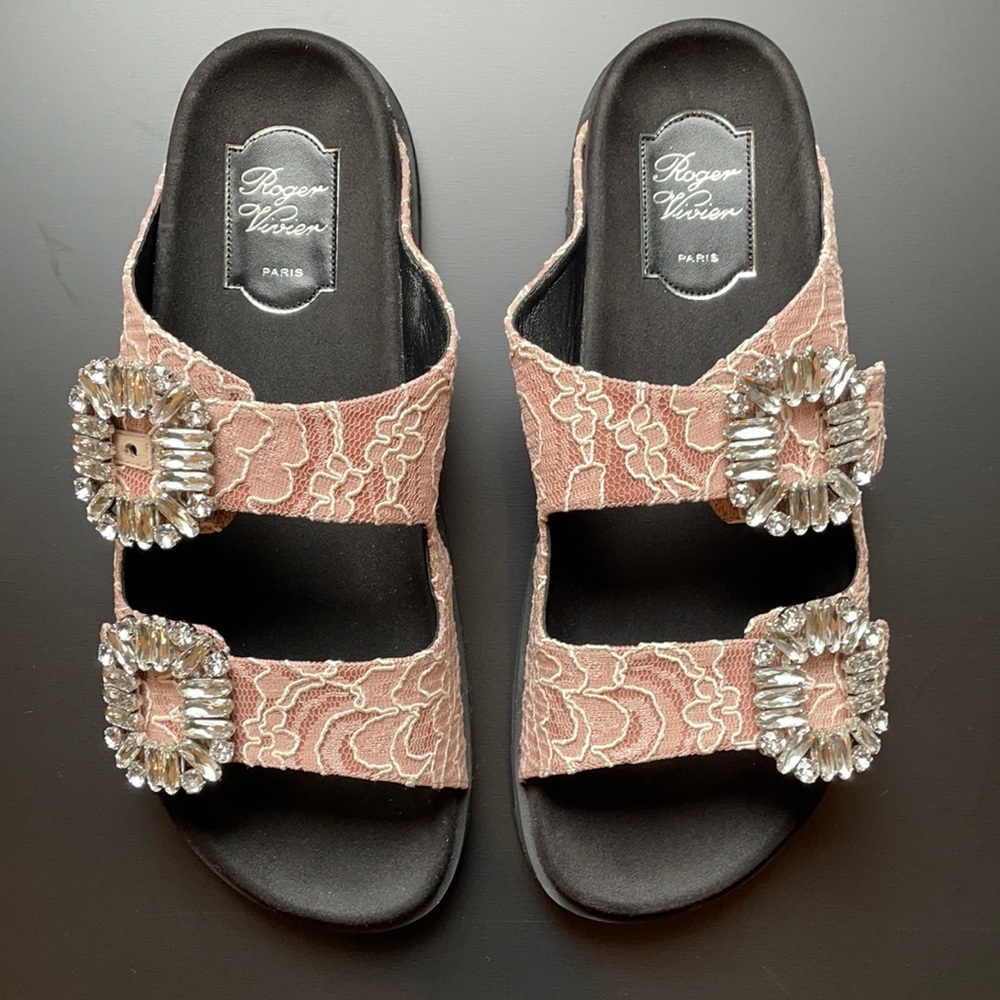 ROGER VIVIER Slidy Crystal Stone Buckle Sandals 39